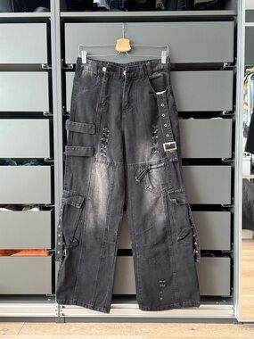 Black Wide Leg Cargo Grunge Jeans with Straps